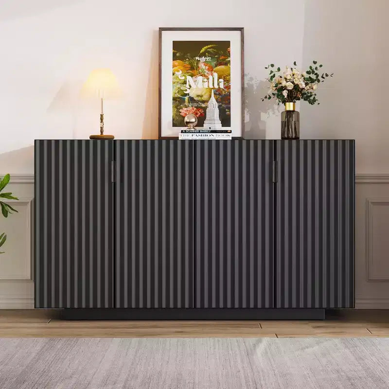 Meuble buffet de rangement, buffet avec grand espace de rangement, buffet de rangement credenza à 4 portes cannelées avec étagères réglables