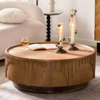 36.22 Coffee Table Round Wood Mid Century Modern Solid Wood Veneer Handcrafted Relief Tea Table with Sturdy Pedestal