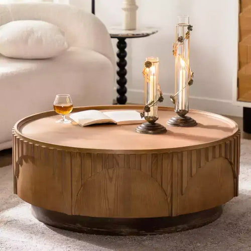 36.22 Coffee Table Round Wood Mid Century Modern Solid Wood Veneer Handcrafted Relief Tea Table with Sturdy Pedestal