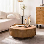 Table basse ronde en bois de style scandinave, placage de bois massif, travail artisanal en relief, table à thé avec piètement robuste, 36,22 pouces