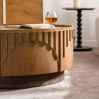 Table basse ronde en bois de style scandinave, placage de bois massif, travail artisanal en relief, table à thé avec piètement robuste, 36,22 pouces