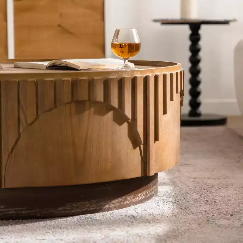 Table basse ronde en bois de style scandinave, placage de bois massif, travail artisanal en relief, table à thé avec piètement robuste, 36,22 pouces