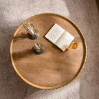 Table basse ronde en bois de style scandinave, placage de bois massif, travail artisanal en relief, table à thé avec piètement robuste, 36,22 pouces