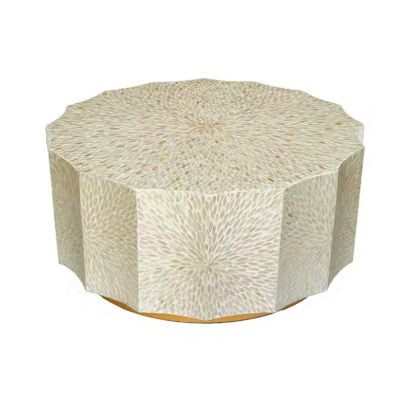 Geometric Coffee Table with Wood Base and White Black Capiz Top 35.5x35.5x16