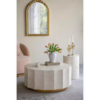 Table basse géométrique avec base en bois et plateau en capiz blanc et noir 35,5x35,5x16