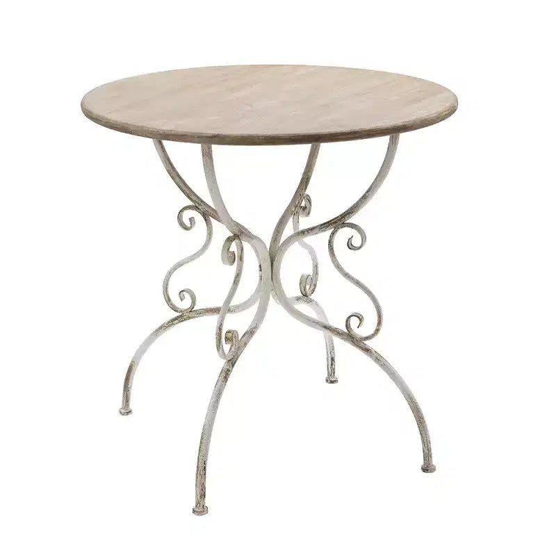 Round Wooden Table with Metal Scrollwork Legs White Finish 31.5x31.5