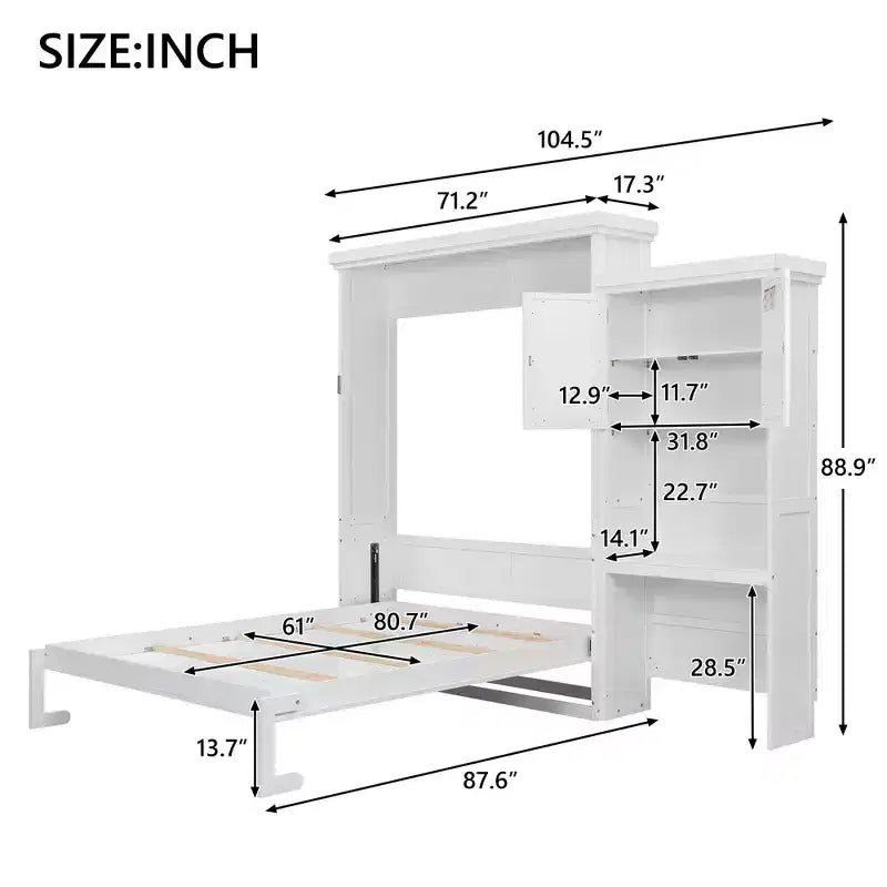 Lit escamotable Queen Size avec étagères de rangement multiples et décoration à persiennes