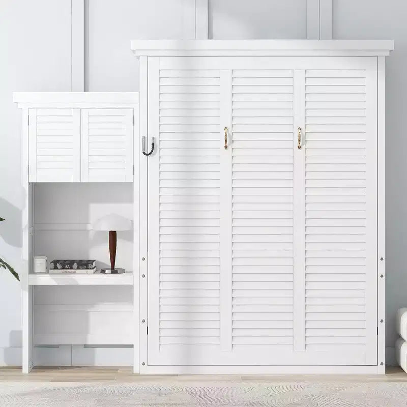 Lit escamotable Queen Size avec étagères de rangement multiples et décoration à persiennes
