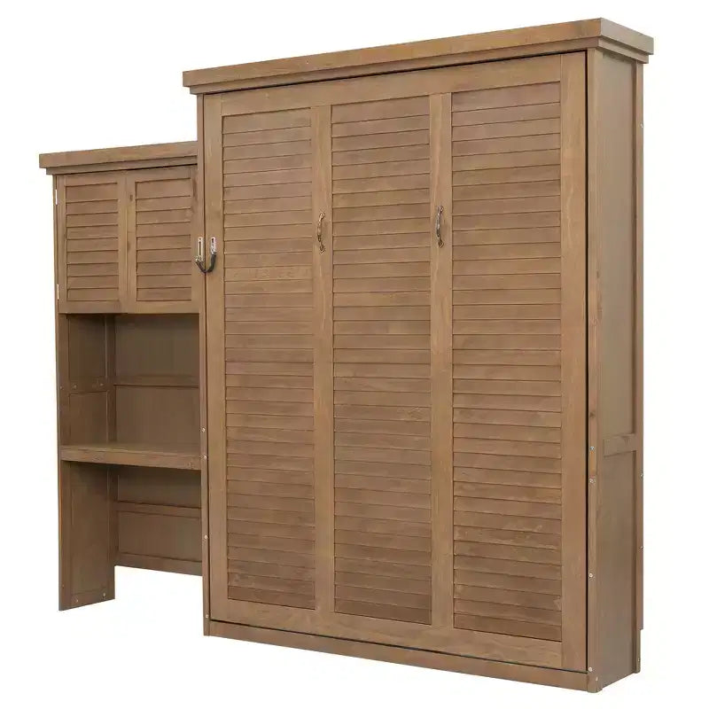 Lit escamotable Queen Size avec étagères de rangement multiples et décoration à persiennes