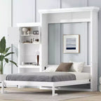 Lit escamotable Queen Size avec étagères de rangement multiples et décoration à persiennes