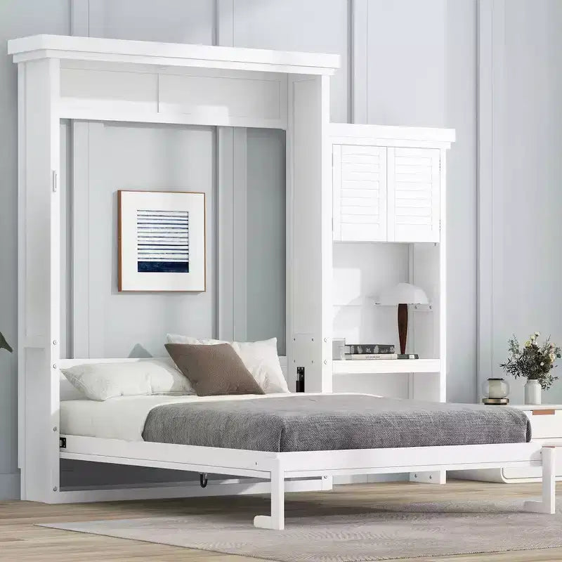 Lit escamotable Queen Size avec étagères de rangement multiples et décoration à persiennes