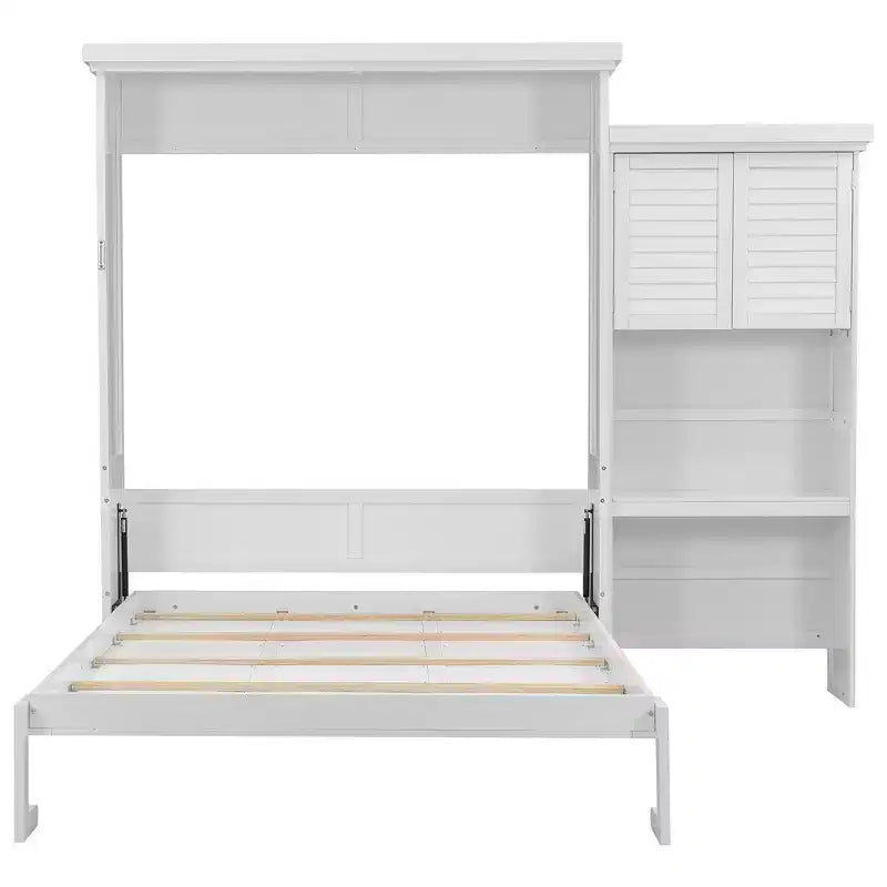 Lit escamotable Queen Size avec étagères de rangement multiples et décoration à persiennes