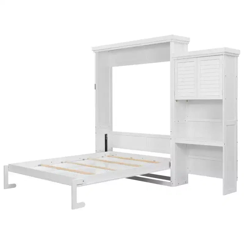 Lit escamotable Queen Size avec étagères de rangement multiples et décoration à persiennes