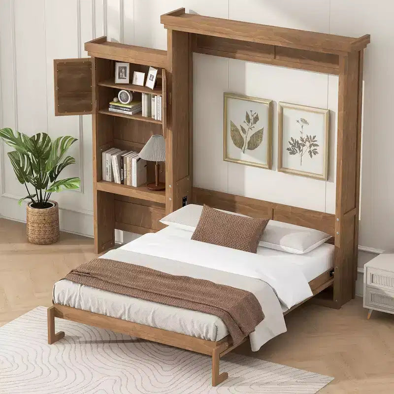 Lit escamotable Queen Size avec étagères de rangement multiples et décoration à persiennes