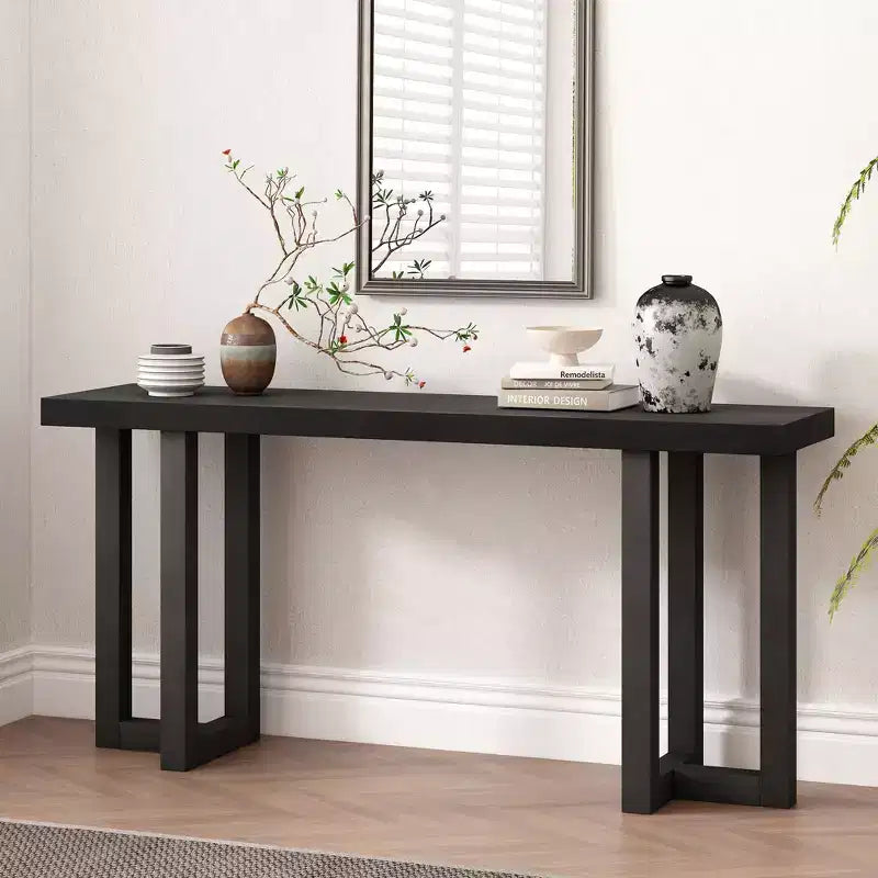 Console moderne de 160 cm avec plateau patchwork géométrique, table d'entrée avec pieds en pin massif, table de foyer pour salon, couloir, entrée