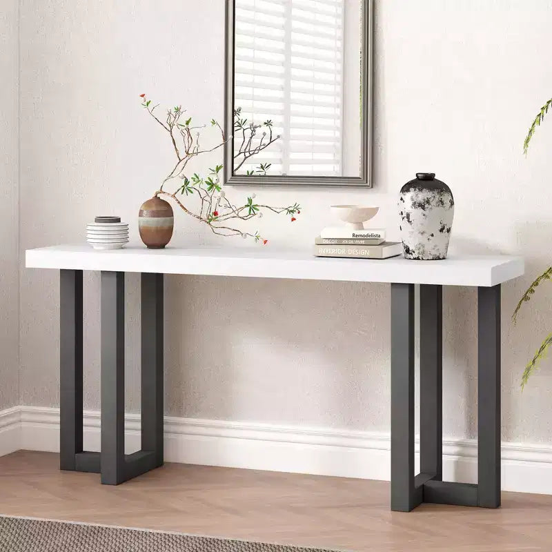 Console moderne de 160 cm avec plateau patchwork géométrique, table d'entrée avec pieds en pin massif, table de foyer pour salon, couloir, entrée