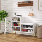 Banc à chaussures avec rangement et étagère réglable, banc d'entrée avec coussin rembourré amovible, porte à persiennes, noir/blanc