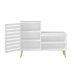 Banc à chaussures avec rangement et étagère réglable, banc d'entrée avec coussin rembourré amovible, porte à persiennes, noir/blanc