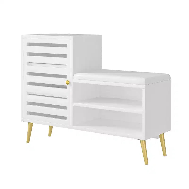 Banc à chaussures avec rangement et étagère réglable, banc d'entrée avec coussin rembourré amovible, porte à persiennes, noir/blanc