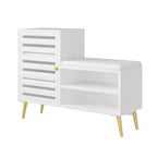 Banc à chaussures avec rangement et étagère réglable, banc d'entrée avec coussin rembourré amovible, porte à persiennes, noir/blanc