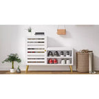 Banc à chaussures avec rangement et étagère réglable, banc d'entrée avec coussin rembourré amovible, porte à persiennes, noir/blanc