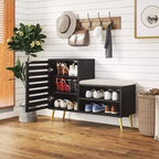 Banc à chaussures avec rangement et étagère réglable, banc d'entrée avec coussin rembourré amovible, porte à persiennes, noir/blanc