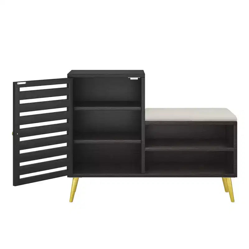 Banc à chaussures avec rangement et étagère réglable, banc d'entrée avec coussin rembourré amovible, porte à persiennes, noir/blanc