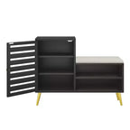 Banc à chaussures avec rangement et étagère réglable, banc d'entrée avec coussin rembourré amovible, porte à persiennes, noir/blanc