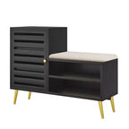 Banc à chaussures avec rangement et étagère réglable, banc d'entrée avec coussin rembourré amovible, porte à persiennes, noir/blanc