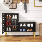 Banc à chaussures avec rangement et étagère réglable, banc d'entrée avec coussin rembourré amovible, porte à persiennes, noir/blanc