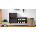 Banc à chaussures avec rangement et étagère réglable, banc d'entrée avec coussin rembourré amovible, porte à persiennes, noir/blanc