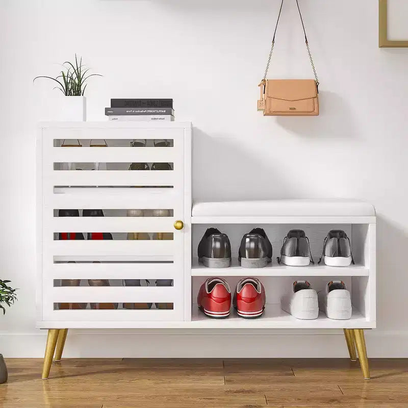 Banc à chaussures avec rangement et étagère réglable, banc d'entrée avec coussin rembourré amovible, porte à persiennes, noir/blanc