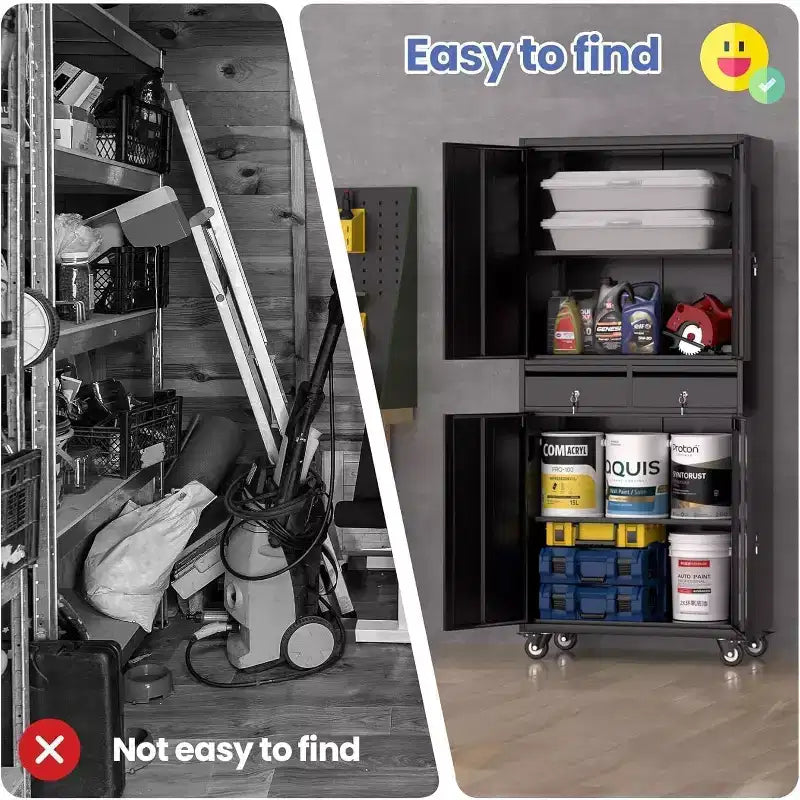 Armoire de rangement de garage en métal de 73 pouces avec 2 tiroirs, armoire à outils robuste avec portes verrouillables et étagères réglables