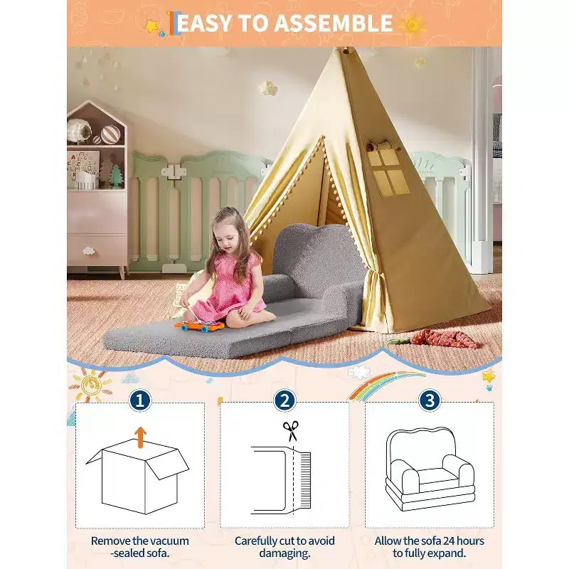 Canapé 2-en-1 pour enfants Canapé confortable Fauteuil long Canapé en mousse souple Cadeau pour garçons et filles