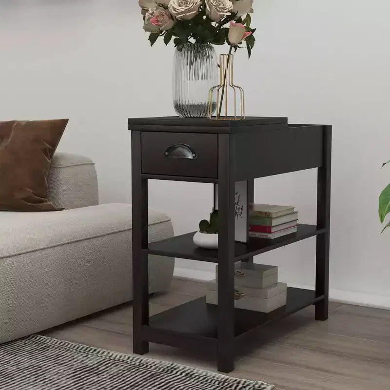 Table d'appoint étroite, conception rabattable avec tiroirs et séparation inférieure, marron