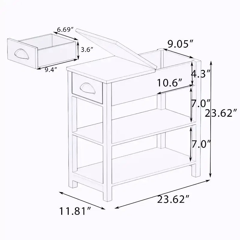Table d'appoint étroite, conception rabattable avec tiroirs et séparation inférieure, marron
