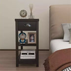 MAYEERTY Narrow Side Table, Flip Over Design with Drawers & Bottom Partition, Brown