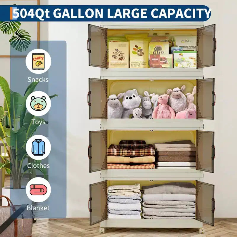 Meuble de rangement empilable à niveaux multiples avec portes et roulettes pour l'organisation de la maison
