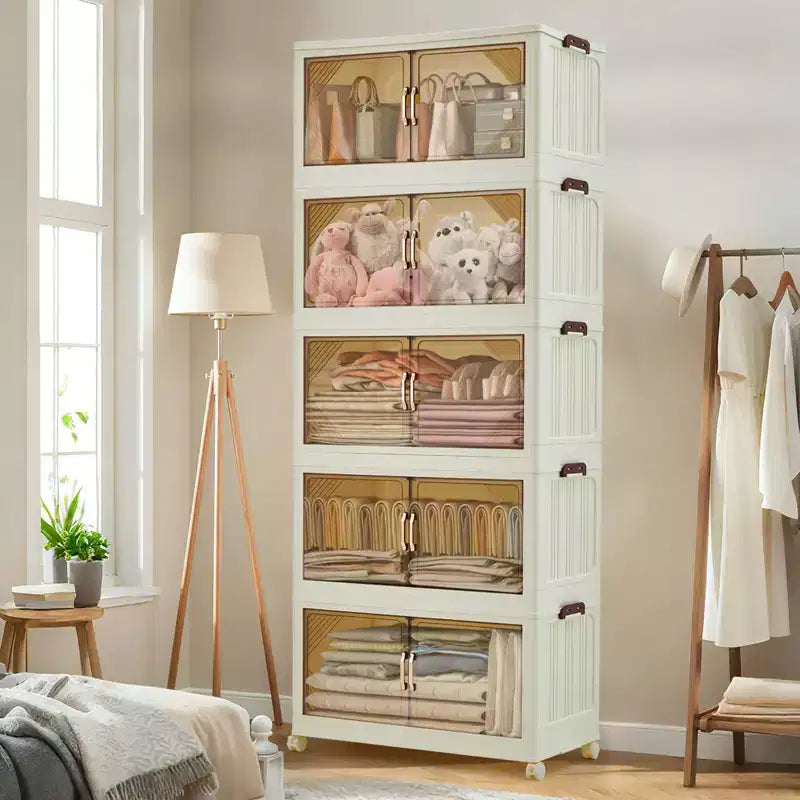 Meuble de rangement empilable à niveaux multiples avec portes et roulettes pour l'organisation de la maison