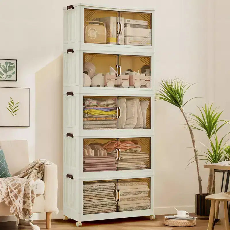 Meuble de rangement empilable à niveaux multiples avec portes et roulettes pour l'organisation de la maison