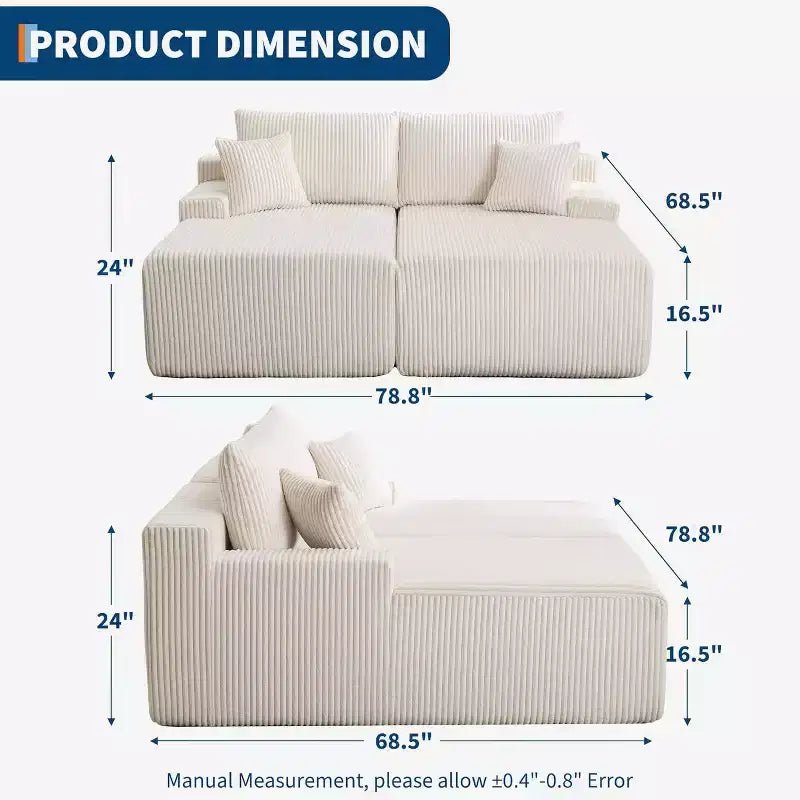 Canapé-lit double nuage en velours côtelé surdimensionné, 79 x 69, avec accoudoirs et 4 oreillers, assise profonde, aucun assemblage requis