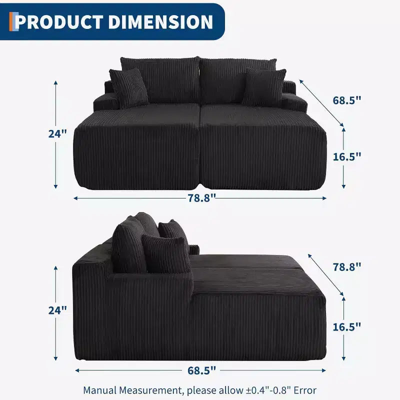 Canapé-lit double nuage en velours côtelé surdimensionné, 79 x 69, avec accoudoirs et 4 oreillers, assise profonde, aucun assemblage requis