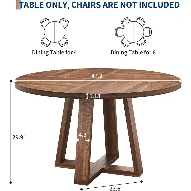 Table à manger ronde de 47 pouces, 4 à 6 places, style ferme avec base en croix en bois, pour salon et salle à manger
