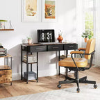 Bureau informatique avec tiroirs en tissu et étagères, bureau de travail avec rangement réglable