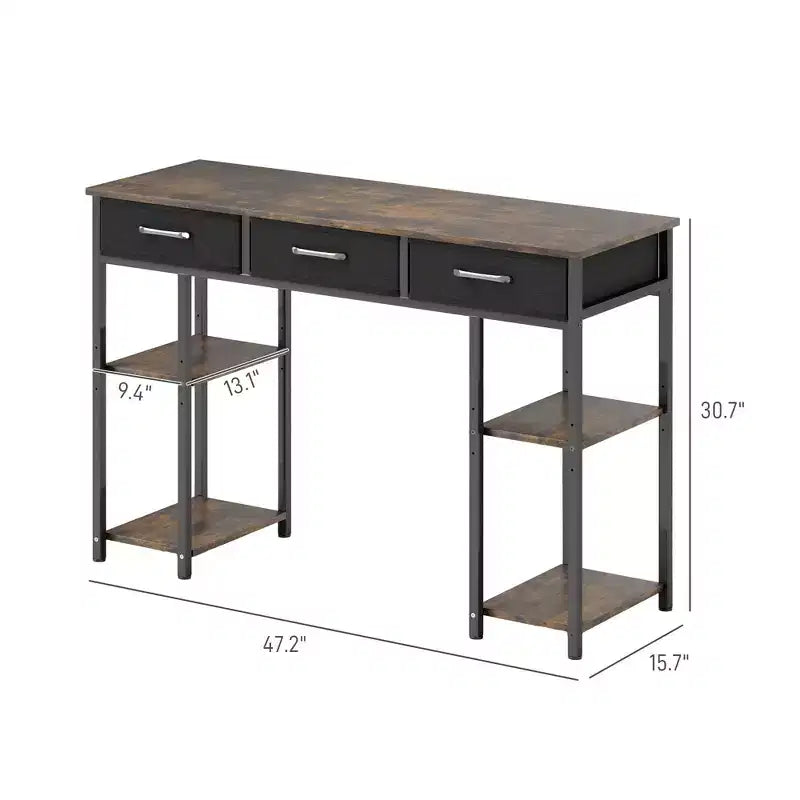 Bureau informatique avec tiroirs en tissu et étagères, bureau de travail avec rangement réglable