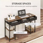 Bureau informatique avec tiroirs en tissu et étagères, bureau de travail avec rangement réglable