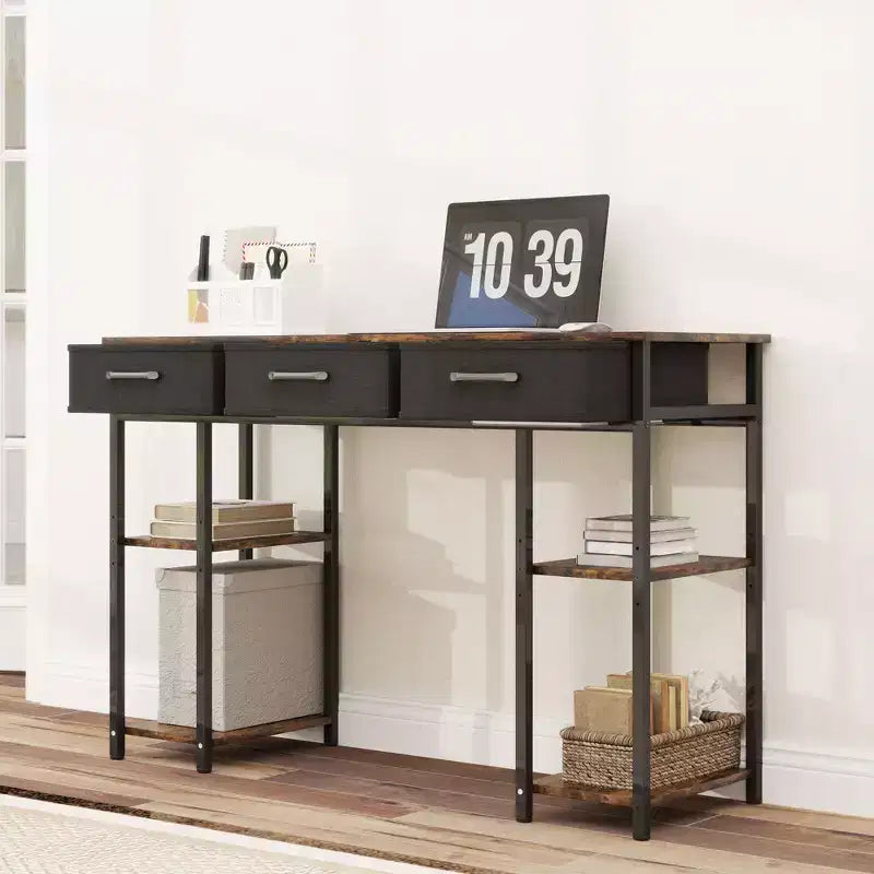 Bureau informatique avec tiroirs en tissu et étagères, bureau de travail avec rangement réglable