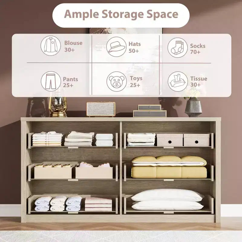 Commode à 6 tiroirs pour chambre à coucher, commode large en bois sans poignée, grande commode de rangement moderne pour salon, couloir, entrée