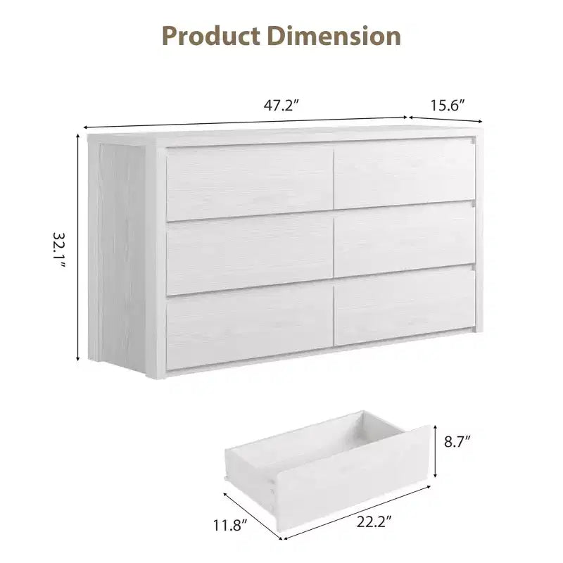 Commode à 6 tiroirs pour chambre à coucher, commode large en bois sans poignée, grande commode de rangement moderne pour salon, couloir, entrée