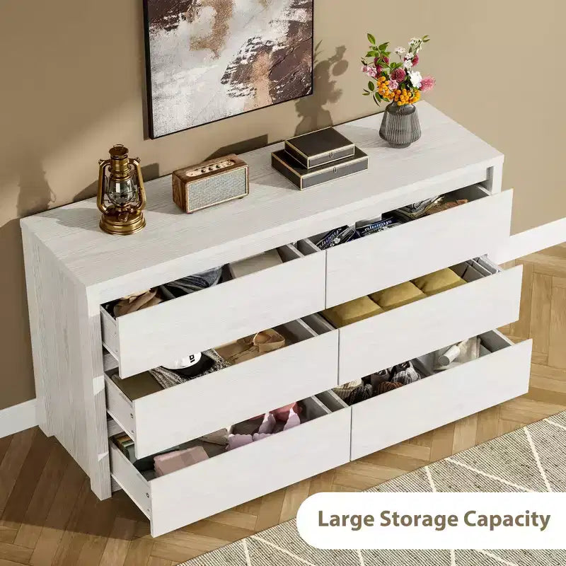 Commode à 6 tiroirs pour chambre à coucher, commode large en bois sans poignée, grande commode de rangement moderne pour salon, couloir, entrée